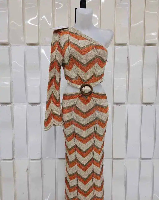 VESTIDO MONOHOMBRO LUREX ARGOLLA MADERA