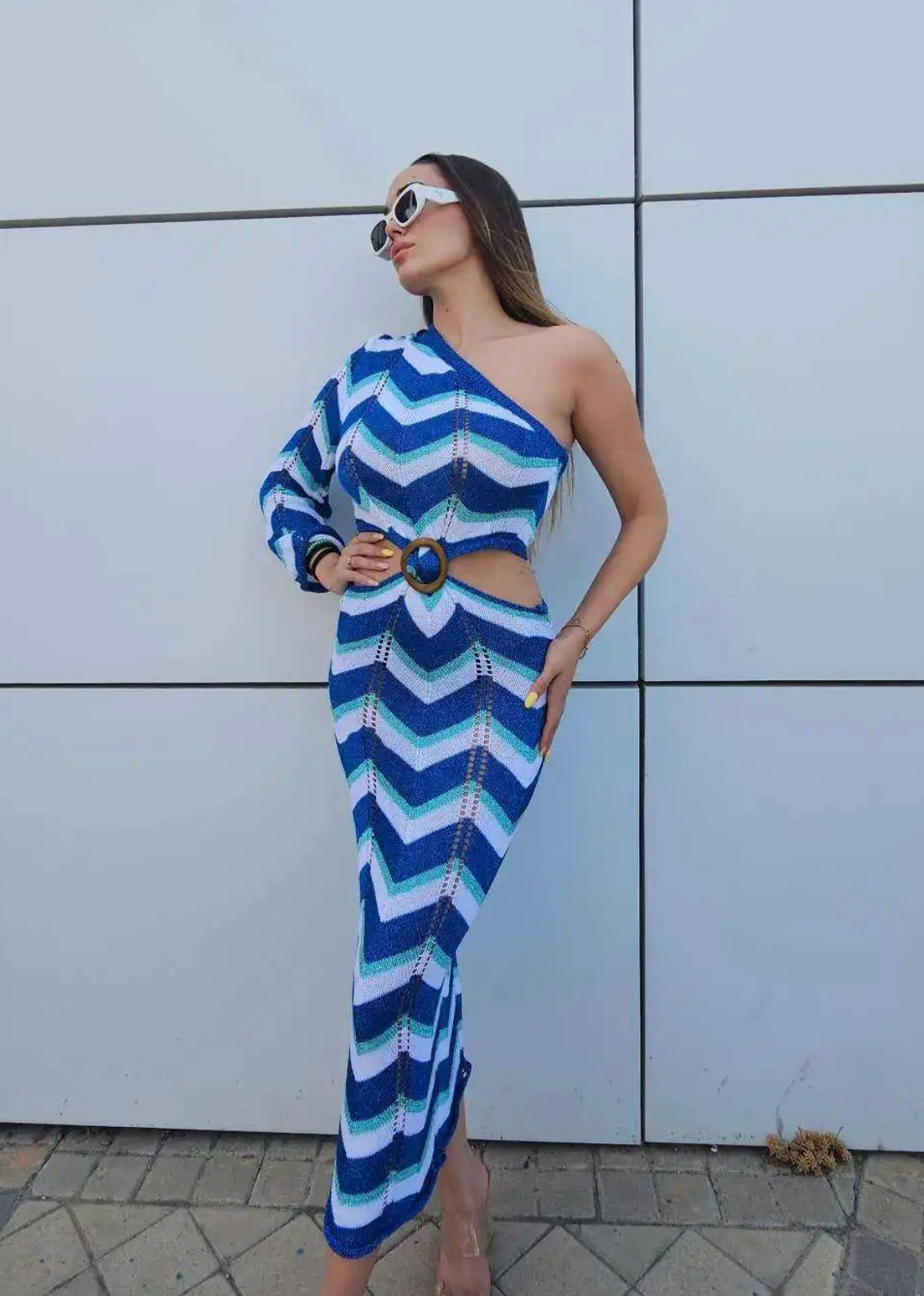 VESTIDO MONOHOMBRO LUREX ARGOLLA MADERA